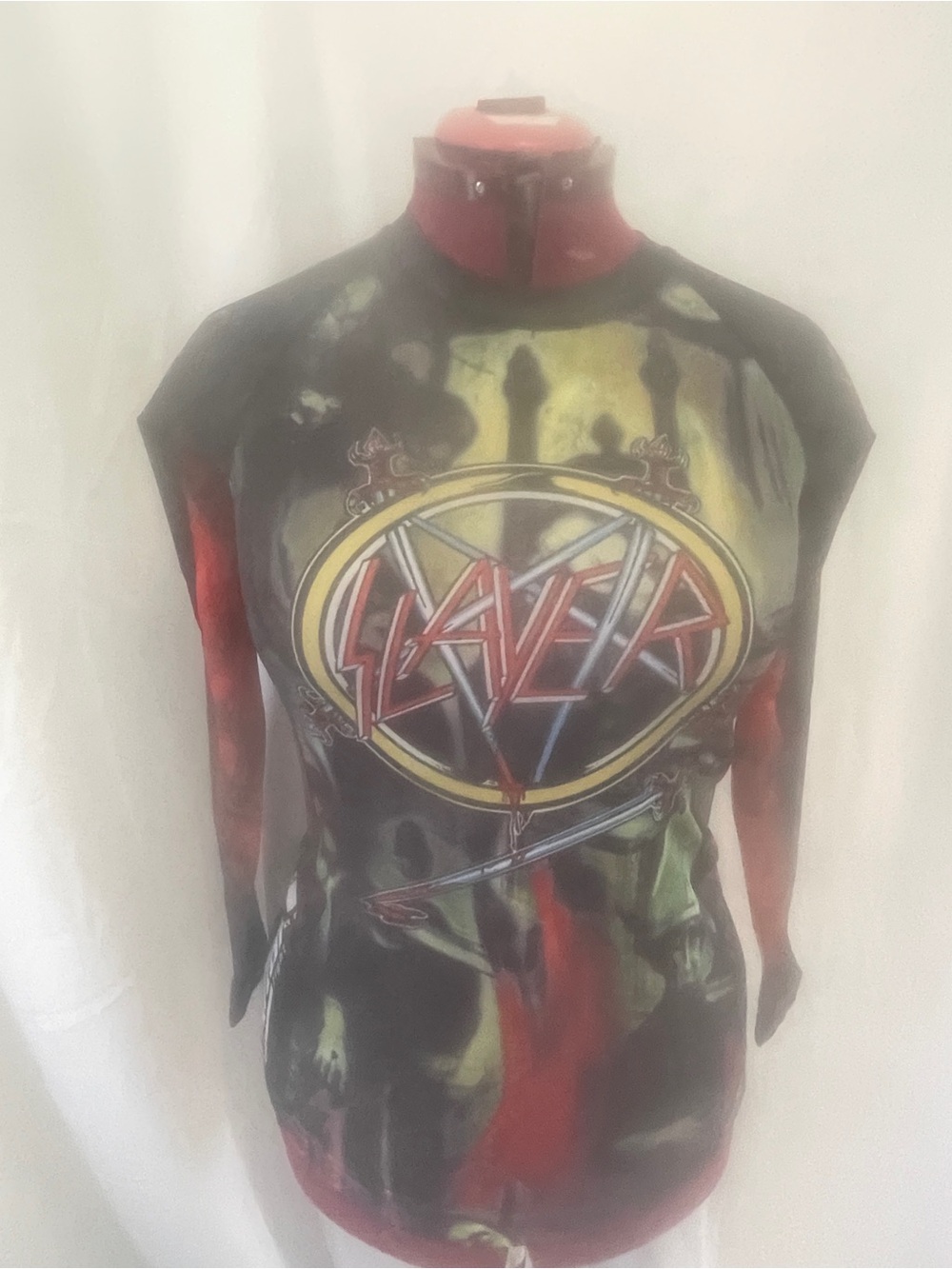 Slayer Graphic Mesh Long-Sleeve Top in Black/Red